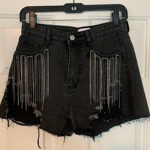 Pink Lily On The Fringe Black Diamond Fringe Denim Shorts